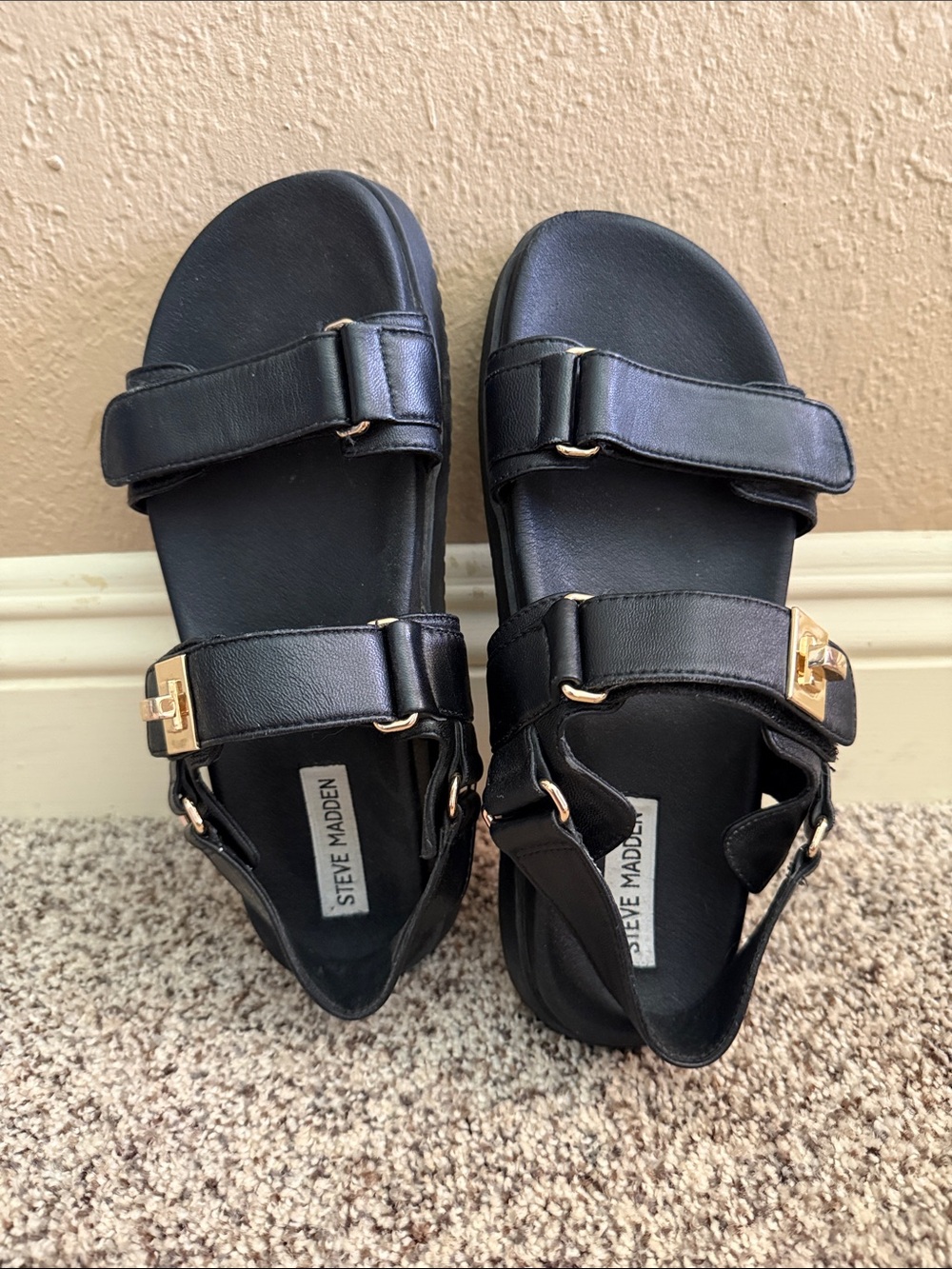 Steve Madden Black Leather Double-Strap Sandals with Gold Accents